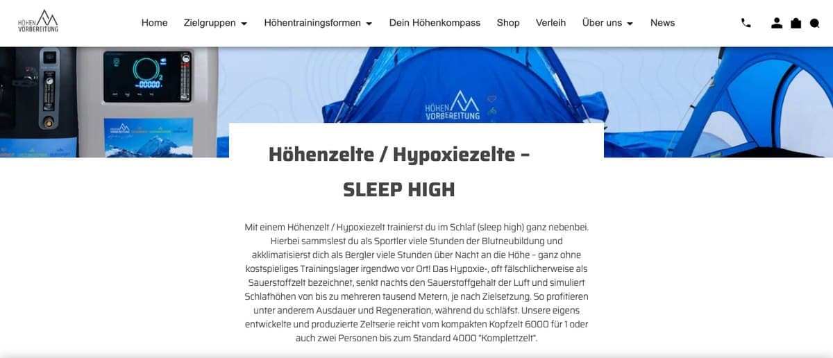 Kategorieseite des Shops mit der Überschrift Höhenzelte / Hypoxiezelte SLEEP HIGH
