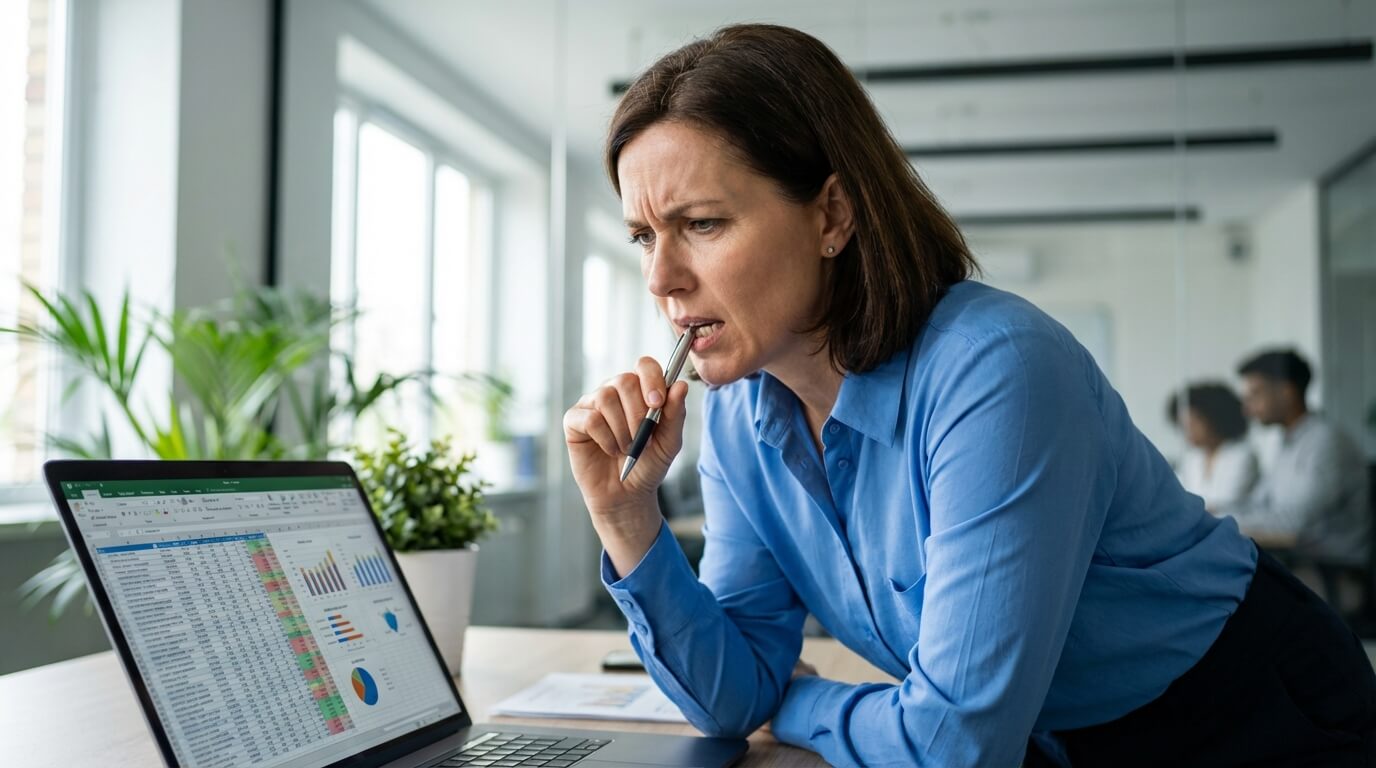 Unordentlicher Schreibtisch mit Papierstapeln, Taschenrechner und Notizzetteln – steht sinnbildlich für manuelle Prozesse, fehlende Struktur und operative Überlastung im Arbeitsalltag.