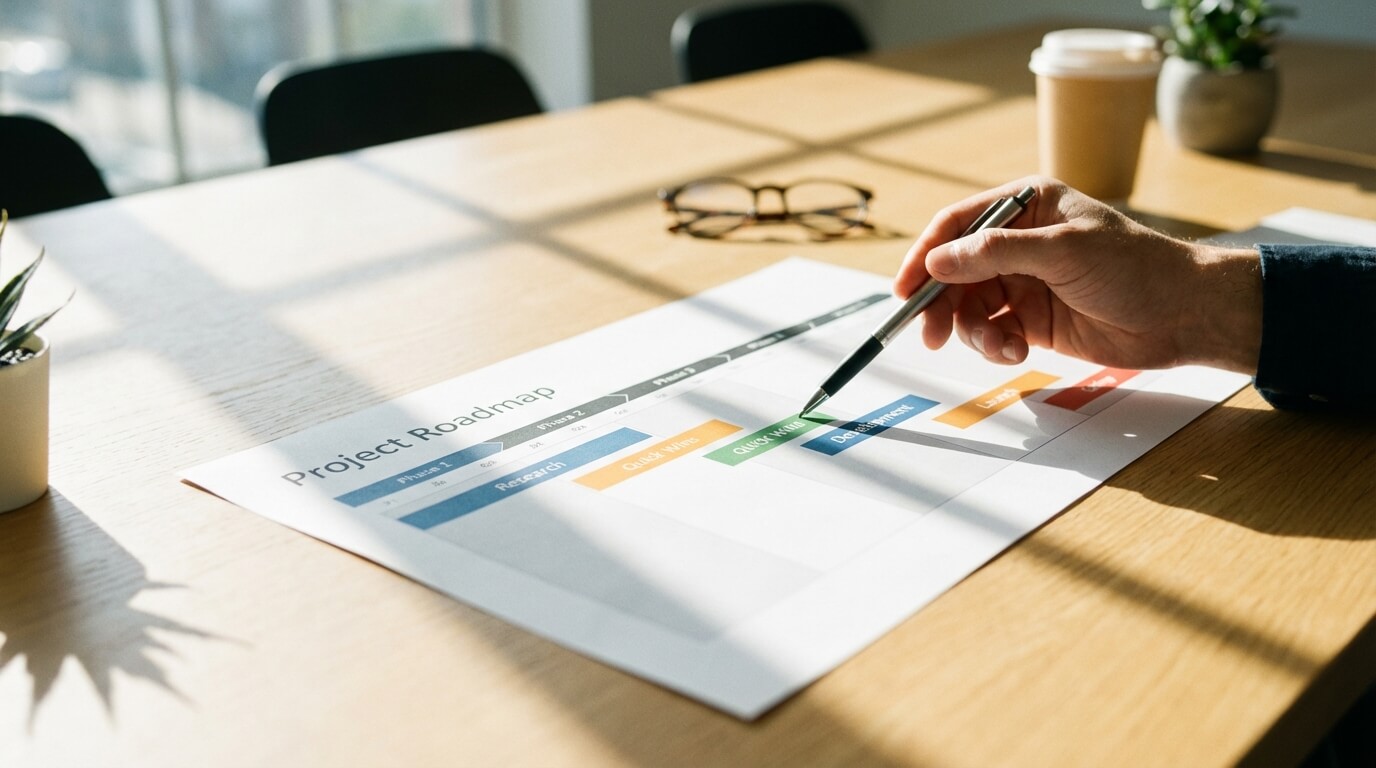 Klar strukturierte Projekt-Roadmap mit Zeitplan und Phasen – strategische Planung und transparente Umsetzungsschritte